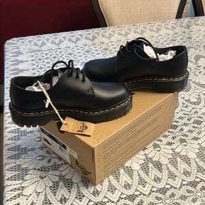 Dr. Martens Black Leather Oxfords with Yellow Stitching